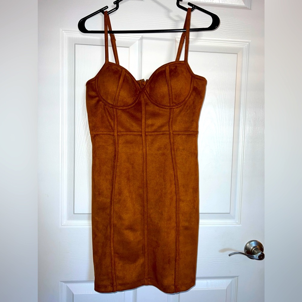 Brown suede material dress with bra cups